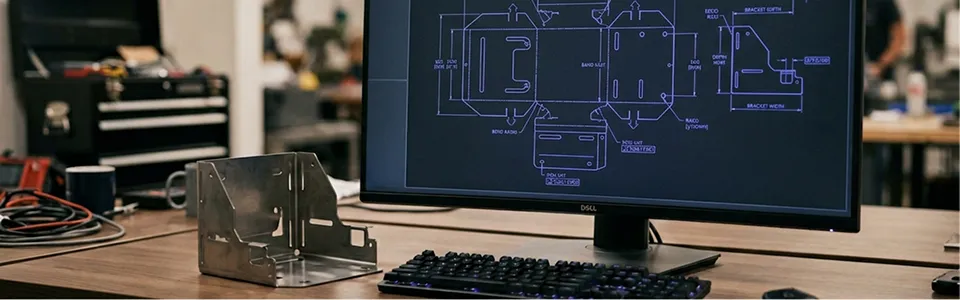 Abwicklung eines Blechteils auf einem Monitor neben dem gebogenen Teil