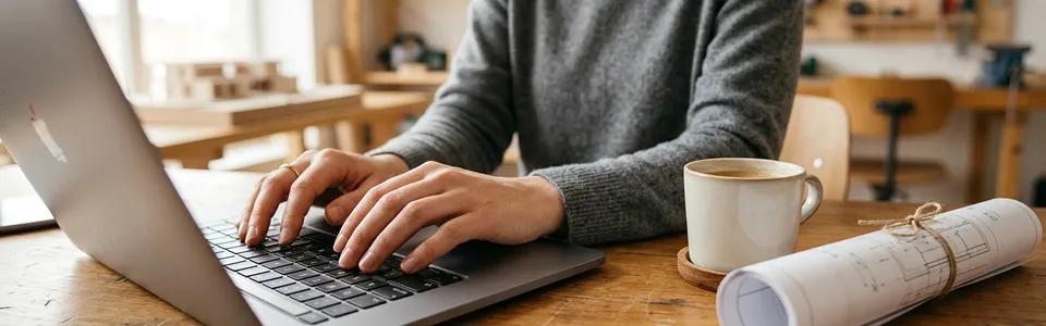 Hände tippen auf einem Laptop neben einer gerollten technischen Zeichnung