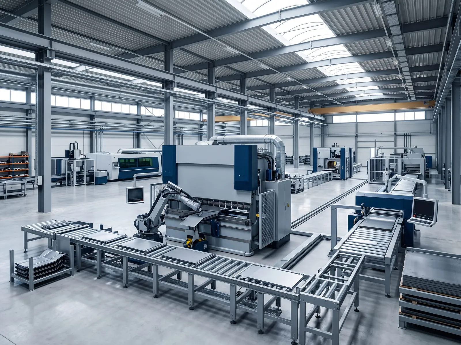 Eine Abkantpresse mit Roboter in einer hellen Blechfertigungshalle