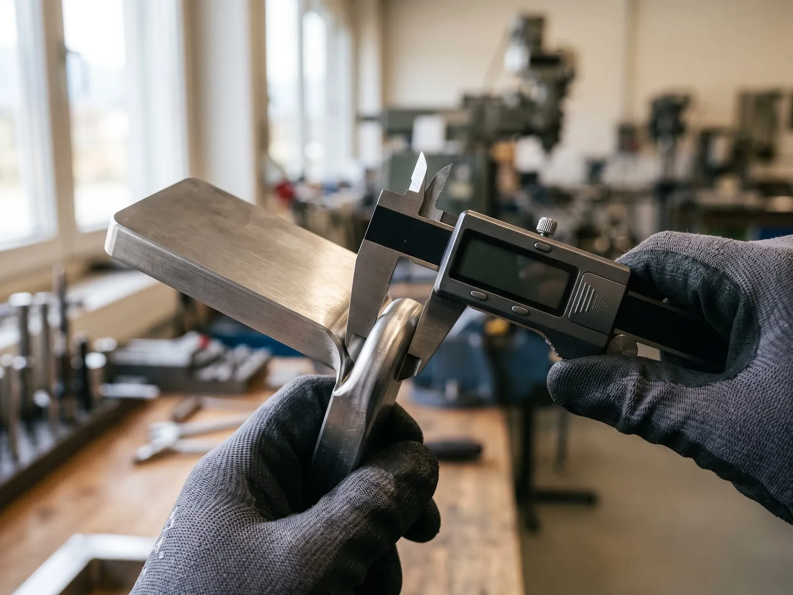 Hände in Arbeitshandschuhen messen ein gekantetes Blechteil mit einem digitalen Messschieber